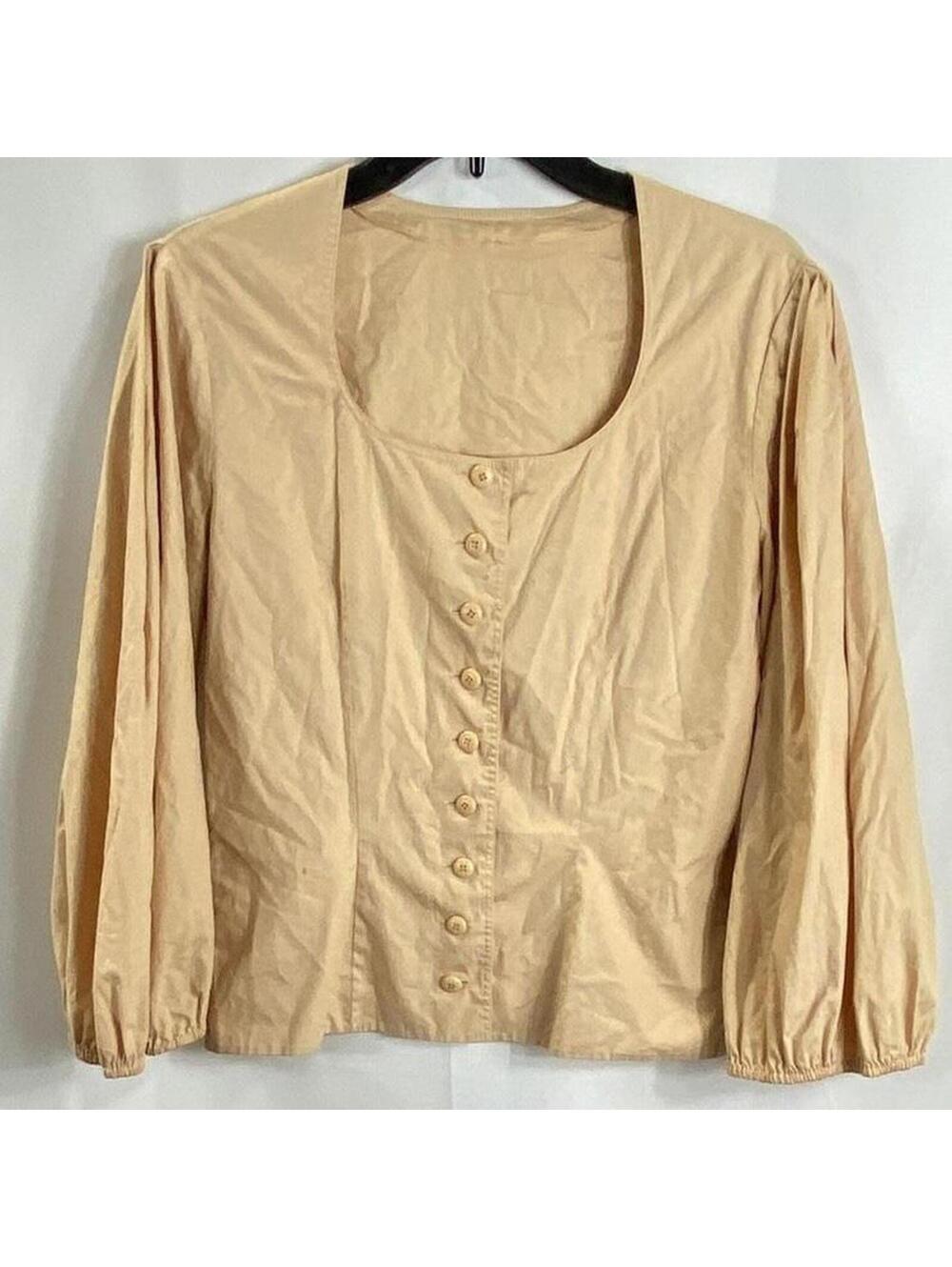 Vintage 90s Christian Dior Women's Beige Cotton Button Front Blouse Top Sz L